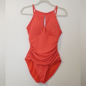 Ellen Tracy size 12 NWOT red one piece red halter neck key hole swimsuit